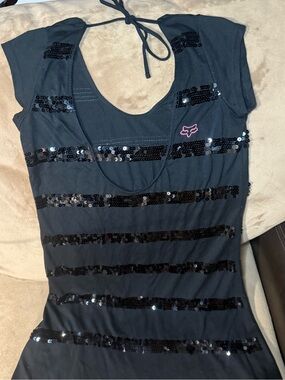 VTG Fox Racing Black Sequin Striped Halter Tunic / Mini Dress Size L